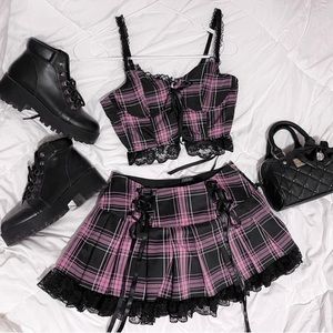 Dollskill Skirt and Corset Plaid Pink and Black Set!